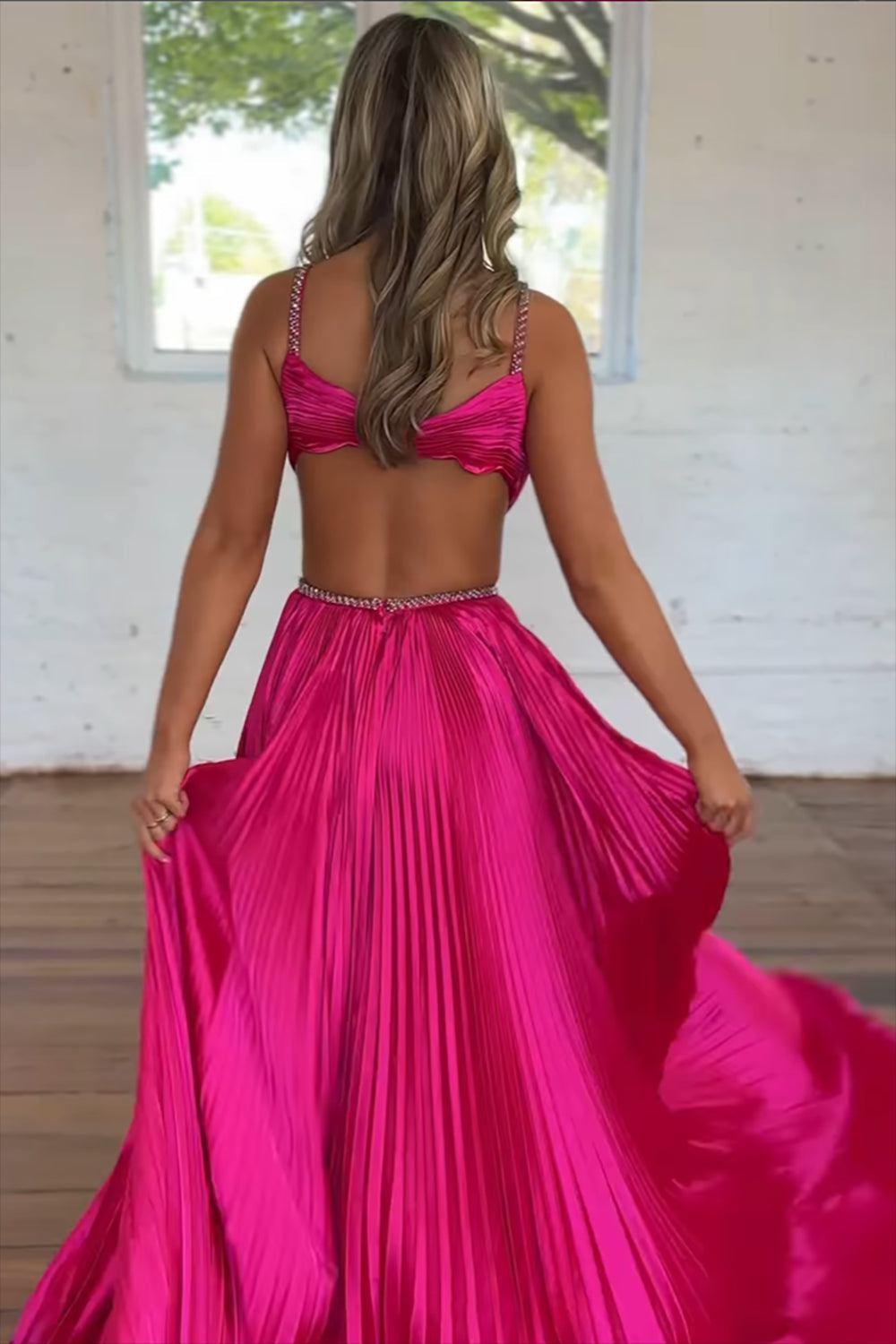 Dreamyannie Fuchsia Prom Dress Metallic Pleated Evening Dress With Slit