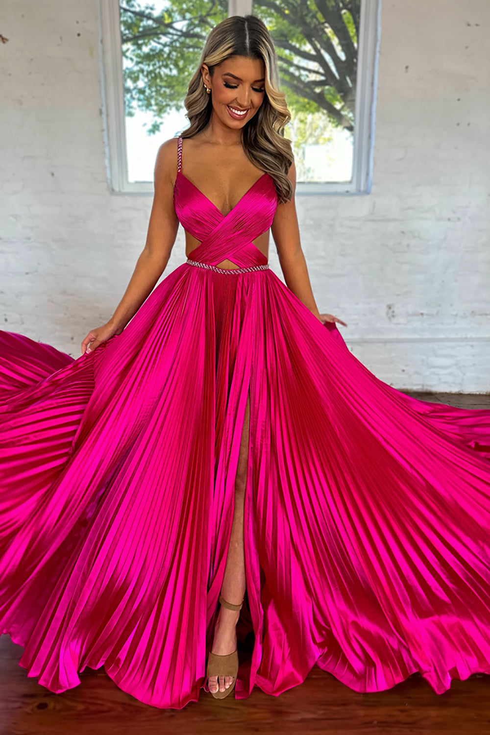 Dreamyannie Fuchsia Prom Dress Metallic Pleated Evening Dress With Slit