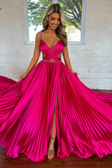 Dreamyannie Fuchsia Prom Dress Metallic Pleated Evening Dress With Slit