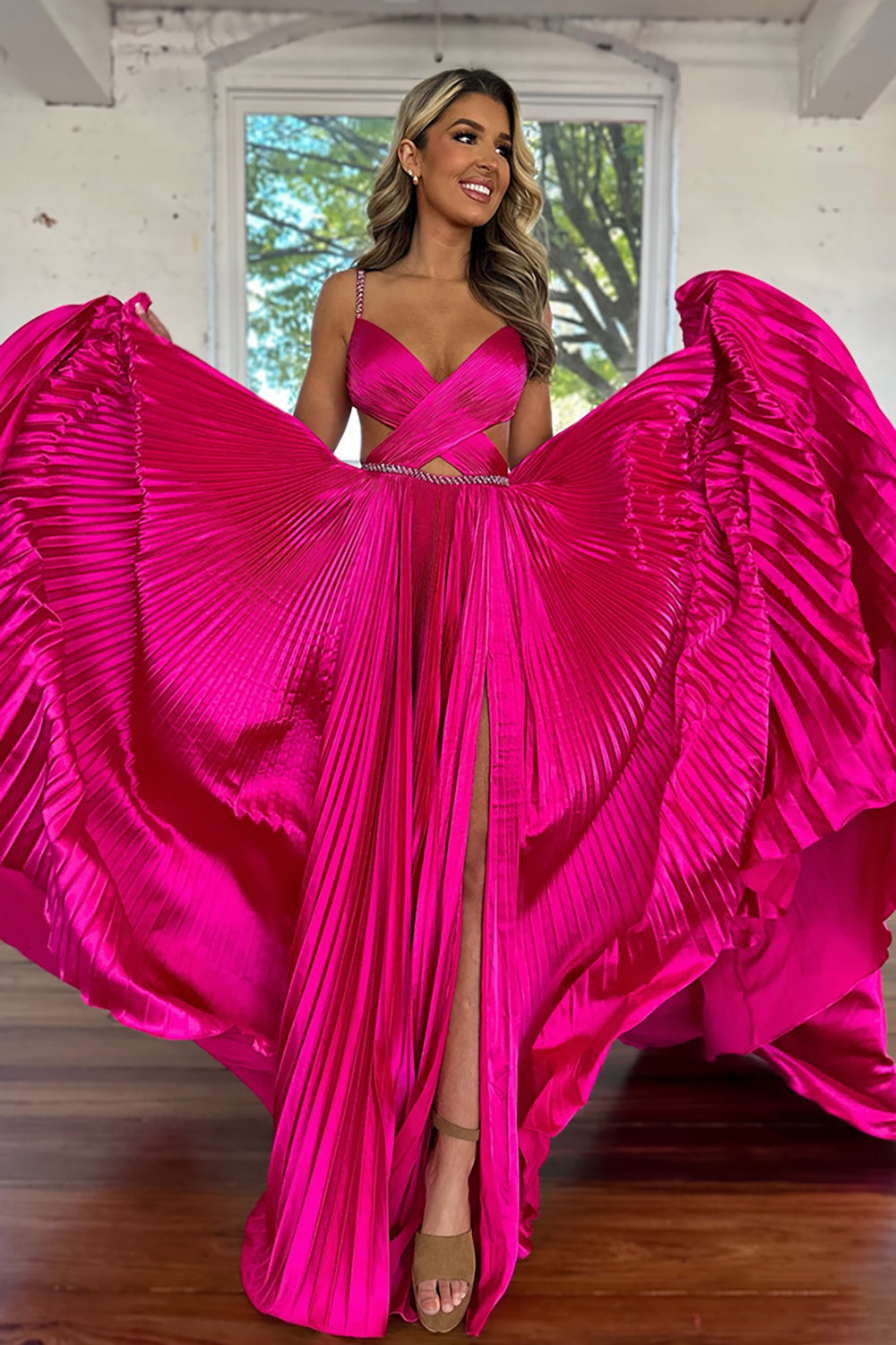 Dreamyannie Fuchsia Prom Dress Metallic Pleated Evening Dress With Slit