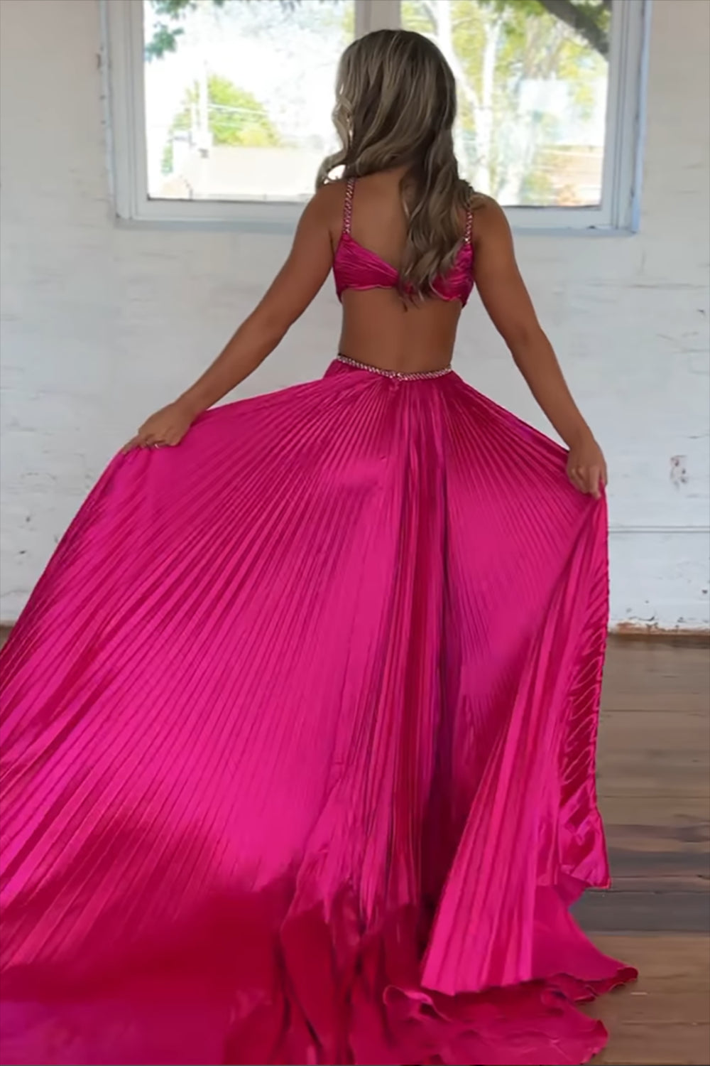 Dreamyannie Fuchsia Prom Dress Metallic Pleated Evening Dress With Slit