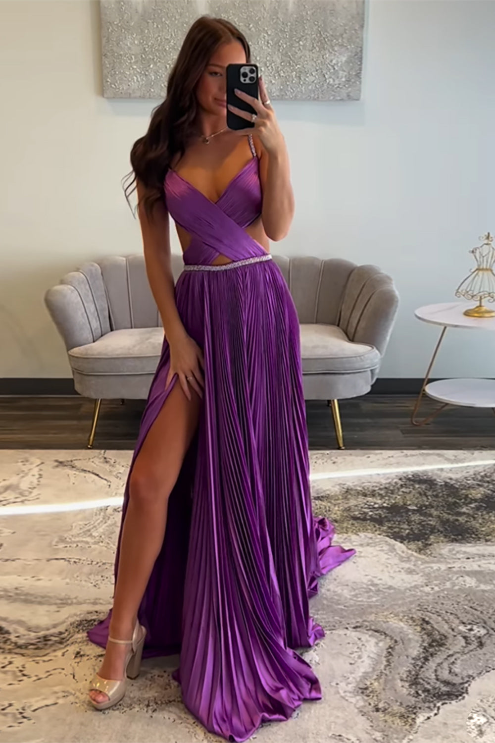 Dreamyannie Fuchsia Prom Dress Metallic Pleated Evening Dress With Slit