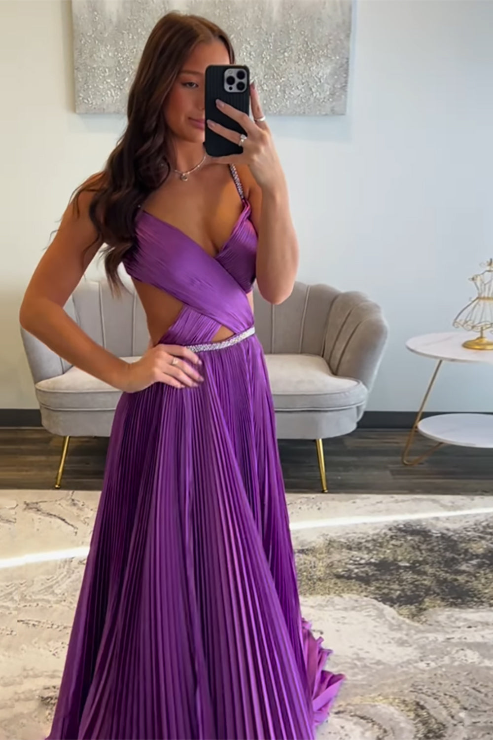 Dreamyannie Fuchsia Prom Dress Metallic Pleated Evening Dress With Slit
