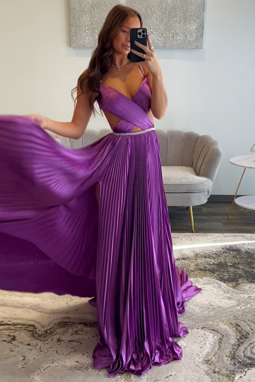 Dreamyannie Fuchsia Prom Dress Metallic Pleated Evening Dress With Slit