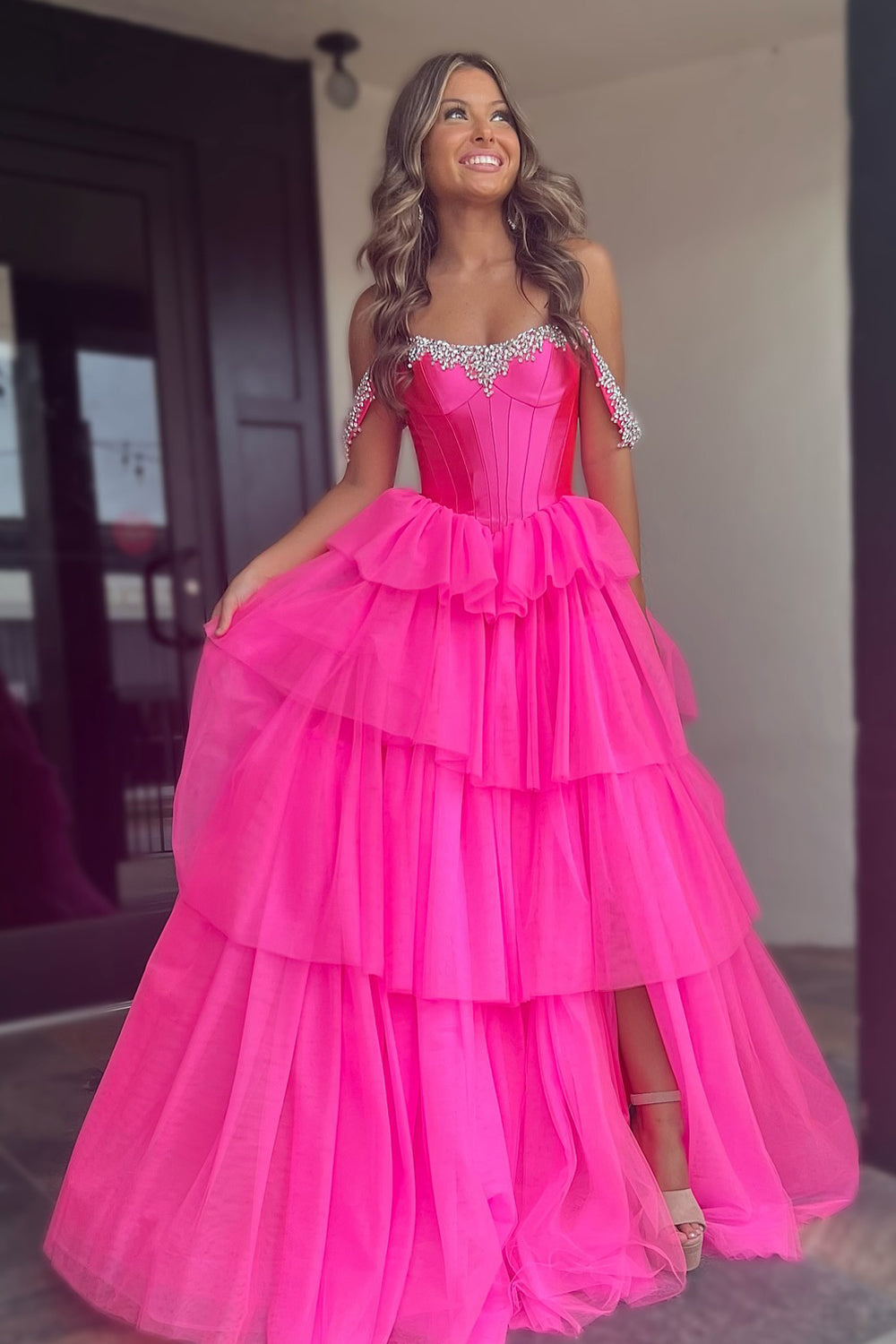 Dreamyannie Fuchsia Prom Dress Off The Shoulder A-Line Tiered Long Evening Dress With Slit