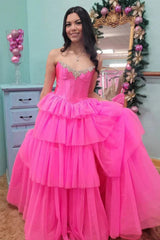 Dreamyannie Fuchsia Prom Dress Off The Shoulder A-Line Tiered Long Evening Dress With Slit