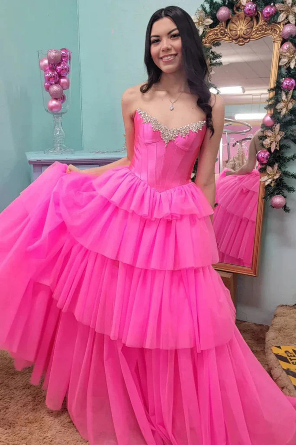 Dreamyannie Fuchsia Prom Dress Off The Shoulder A-Line Tiered Long Evening Dress With Slit
