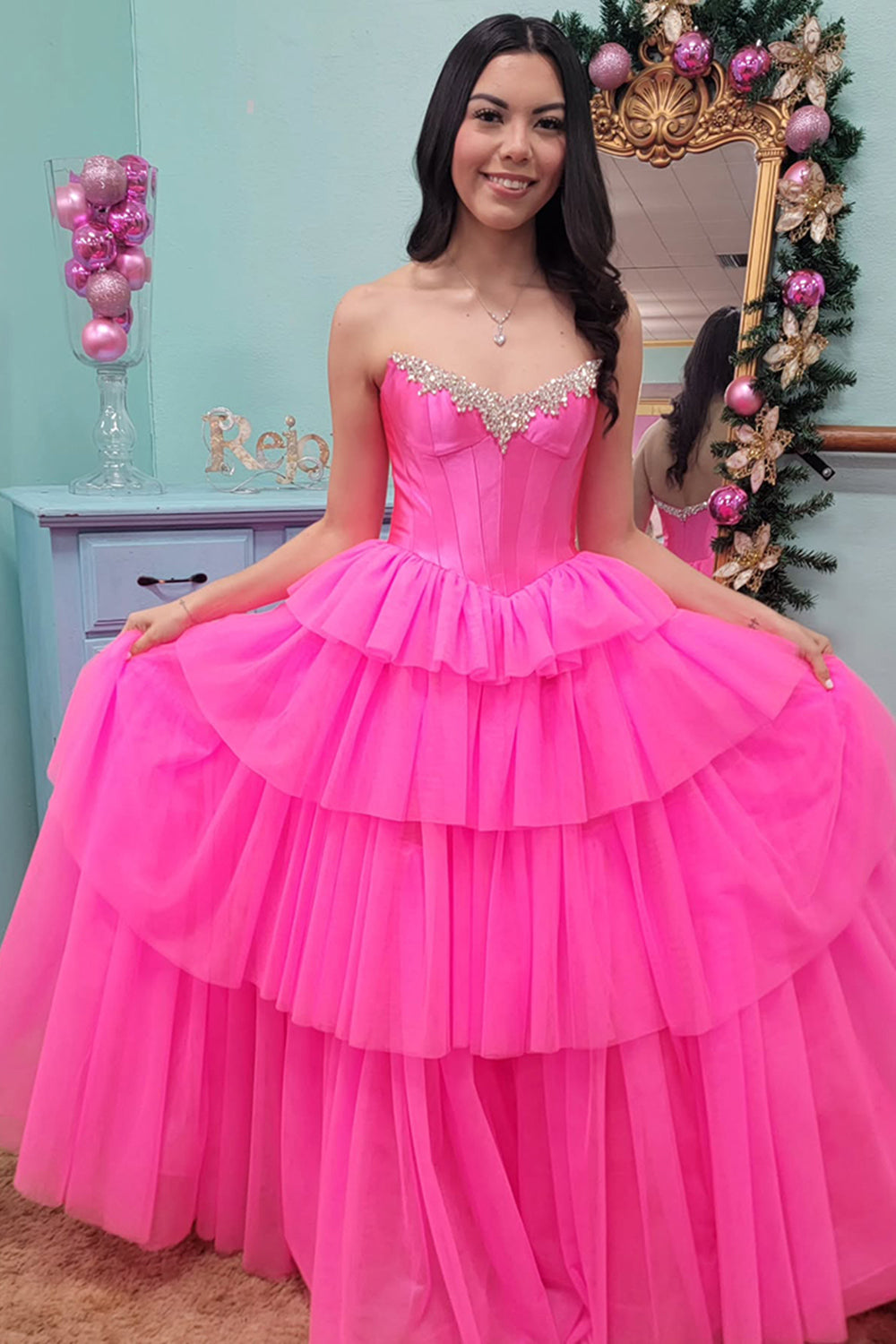 Dreamyannie Fuchsia Prom Dress Off The Shoulder A-Line Tiered Long Evening Dress With Slit