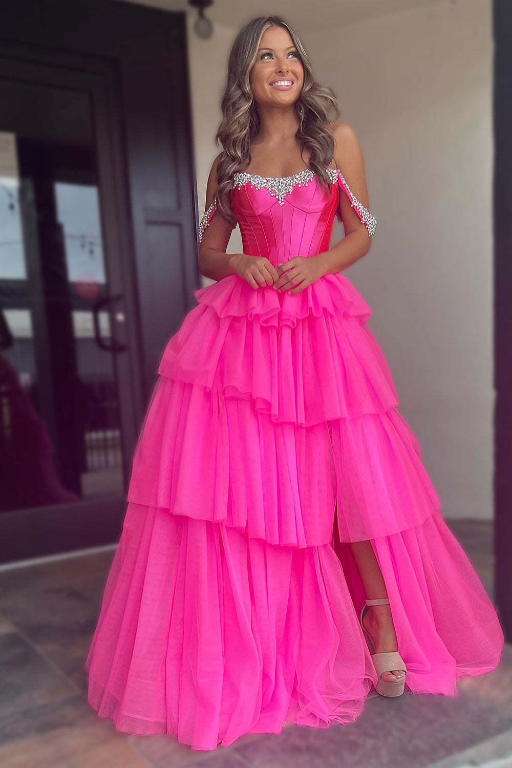 Dreamyannie Fuchsia Prom Dress Off The Shoulder A-Line Tiered Long Evening Dress With Slit
