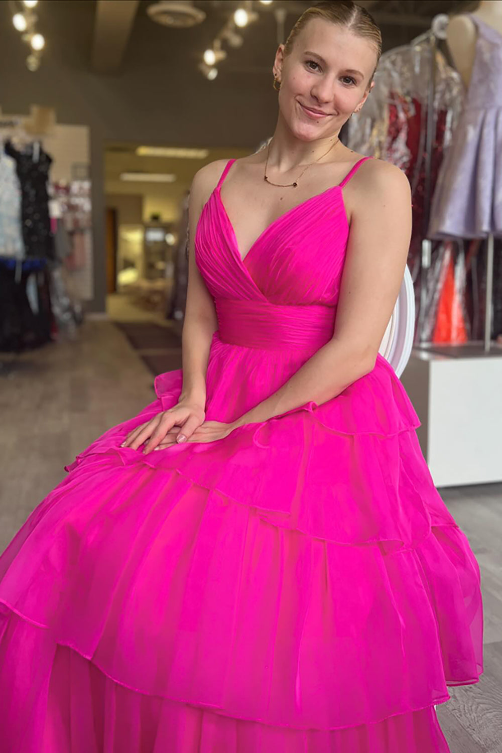 Dreamyannie Fuchsia Prom Dress Ruffled Spaghetti Straps Tulle A Line Long Evening Dress