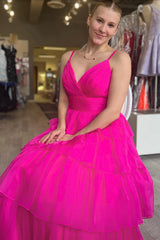 Dreamyannie Fuchsia Prom Dress Ruffled Spaghetti Straps Tulle A Line Long Evening Dress
