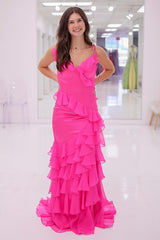Dreamyannie Fuchsia Prom Dress Ruffled V-Neck Chiffon Mermaid Evening Dress