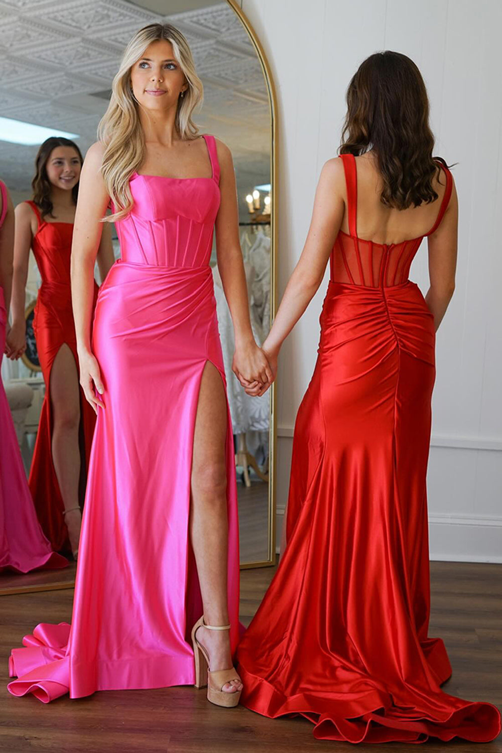 Dreamyannie Fuchsia Prom Dress Satin Corset Mermaid Long Formal Dress With Slit