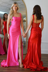 Dreamyannie Fuchsia Prom Dress Satin Corset Mermaid Long Formal Dress With Slit