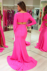 Dreamyannie Fuchsia Prom Dress Satin Mermaid Long Evening Dress With Long Sleeves