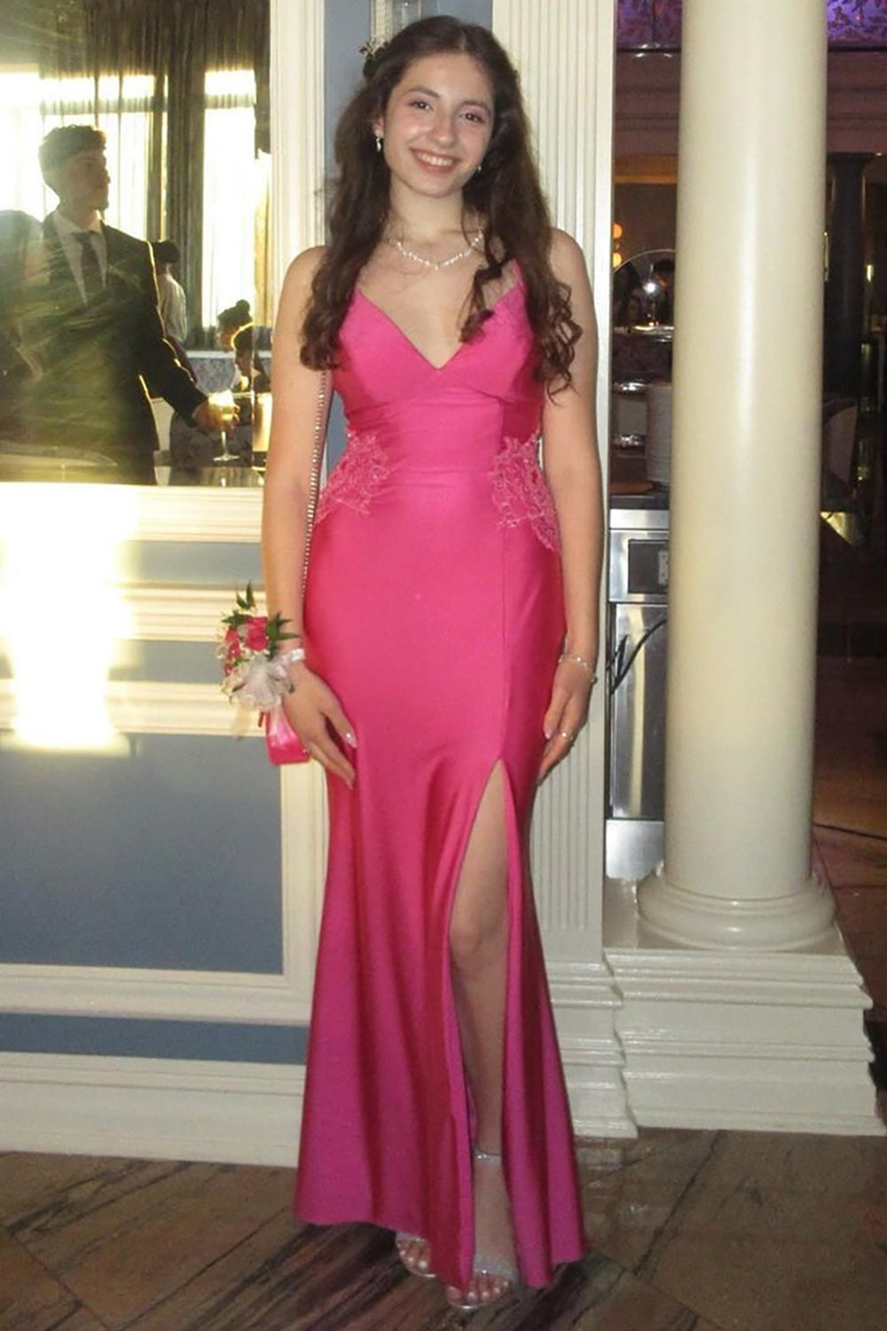 Dreamyannie Fuchsia Prom Dress Spaghetti Straps Mermaid Satin Long Evening Dress With Slit