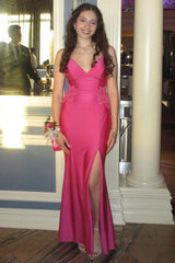 Dreamyannie Fuchsia Prom Dress Spaghetti Straps Mermaid Satin Long Evening Dress With Slit