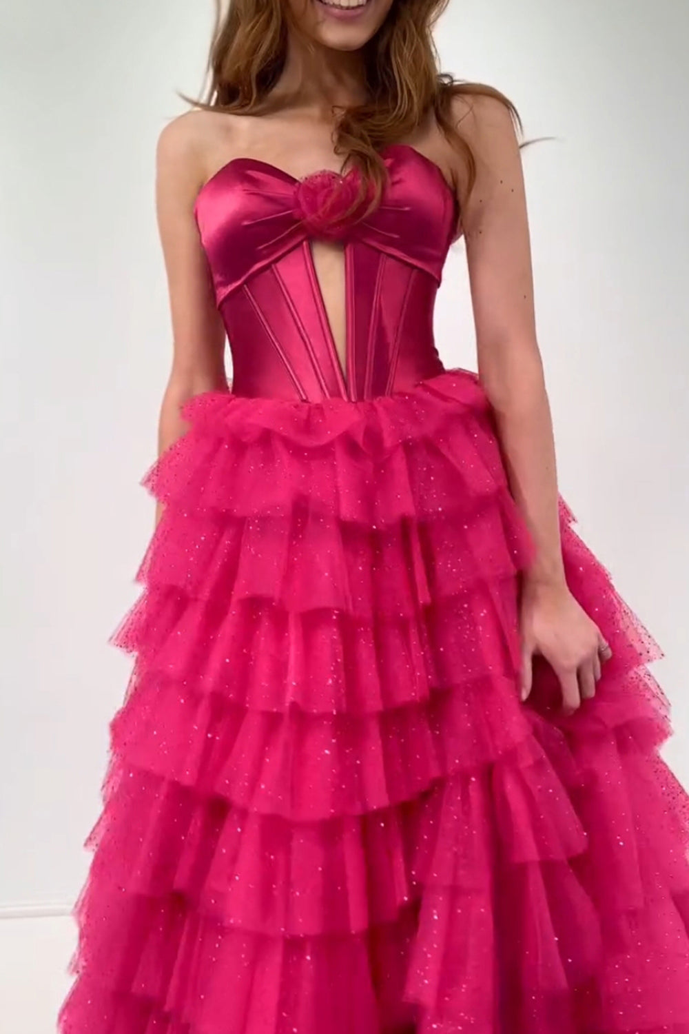 Dreamyannie Fuchsia Prom Dress Strapless Ruffled Corset Tulle Long Evening Dress