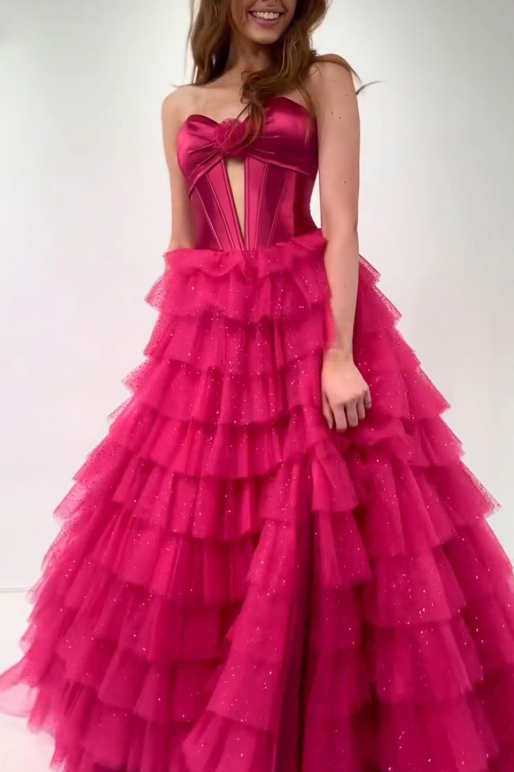 Dreamyannie Fuchsia Prom Dress Strapless Ruffled Corset Tulle Long Evening Dress