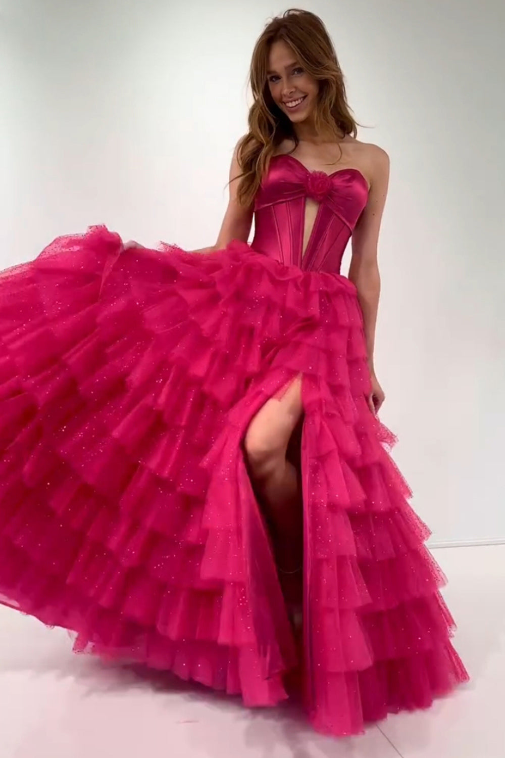 Dreamyannie Fuchsia Prom Dress Strapless Ruffled Corset Tulle Long Evening Dress