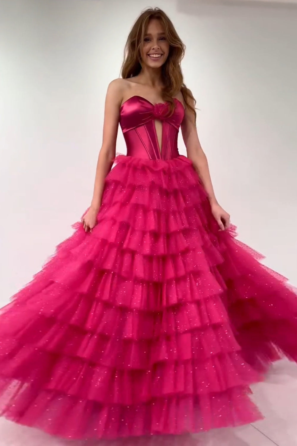 Dreamyannie Fuchsia Prom Dress Strapless Ruffled Corset Tulle Long Evening Dress