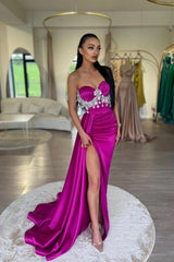 Dreamyannie Fuchsia Prom Dress Sweetheart A Line Beaded Sleeveless Satin Panel Train Formal Dress With High Slit