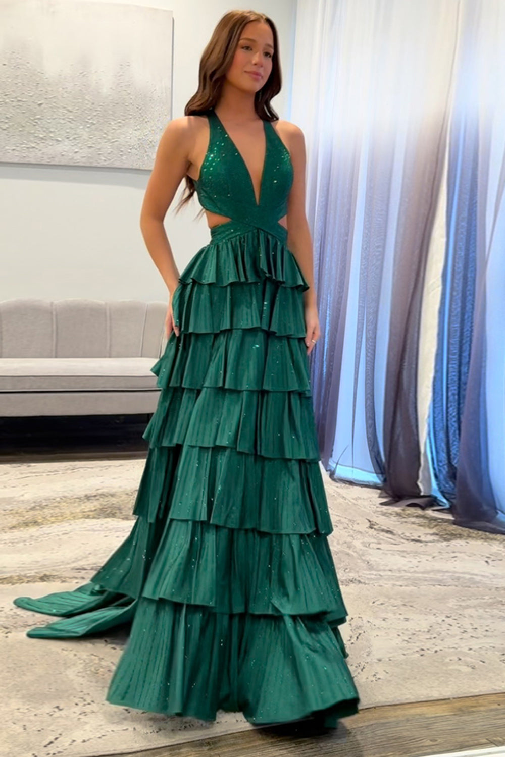 Dreamyannie Fuchsia Prom Dress Tiered A-Line Halter Long Evening Dress With Slit