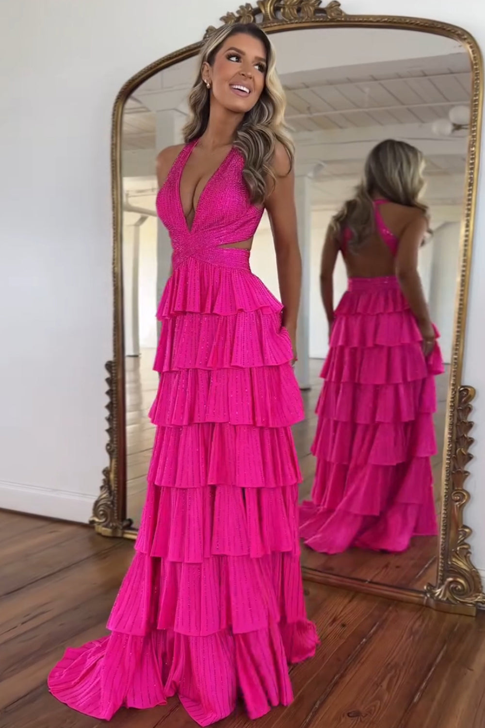 Dreamyannie Fuchsia Prom Dress Tiered A-Line Halter Long Evening Dress With Slit