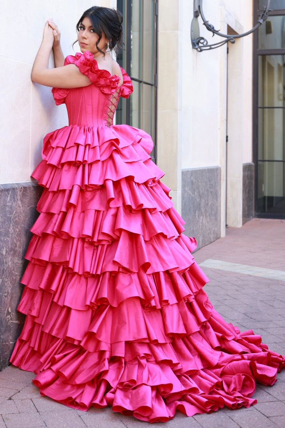 Dreamyannie Fuchsia Prom Dress Tiered A-Line Off The Shoulder Long Evening Dress With Slit