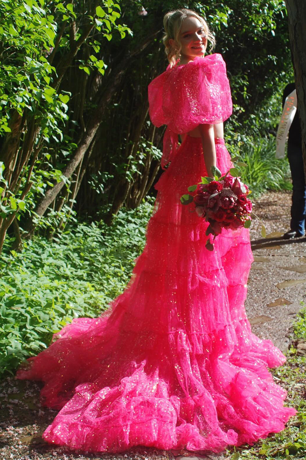 Dreamyannie Fuchsia Prom Dress Two Piece Ruffled Long Evening Dress With Slit