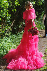 Dreamyannie Fuchsia Prom Dress Two Piece Ruffled Long Evening Dress With Slit