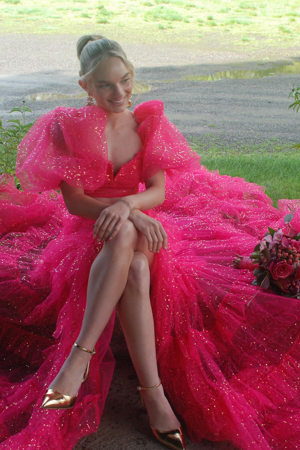 Dreamyannie Fuchsia Prom Dress Two Piece Ruffled Long Evening Dress With Slit