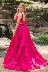 Dreamyannie Fuchsia Prom Dress V-Neck A-Line Long Evening Dress With Bow