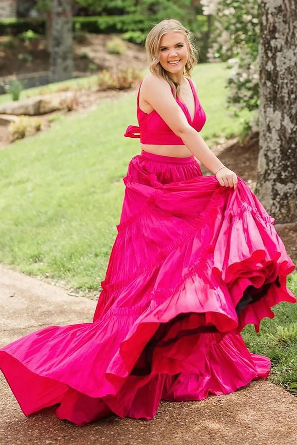 Dreamyannie Fuchsia Prom Dress V-Neck A-Line Long Evening Dress With Bow