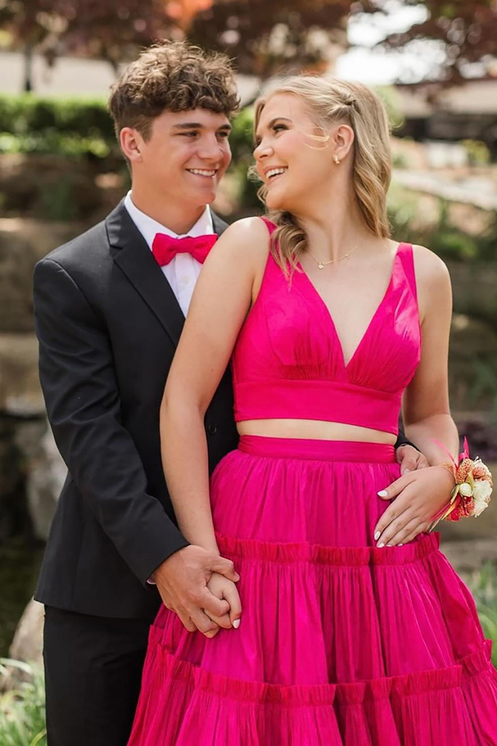 Dreamyannie Fuchsia Prom Dress V-Neck A-Line Long Evening Dress With Bow