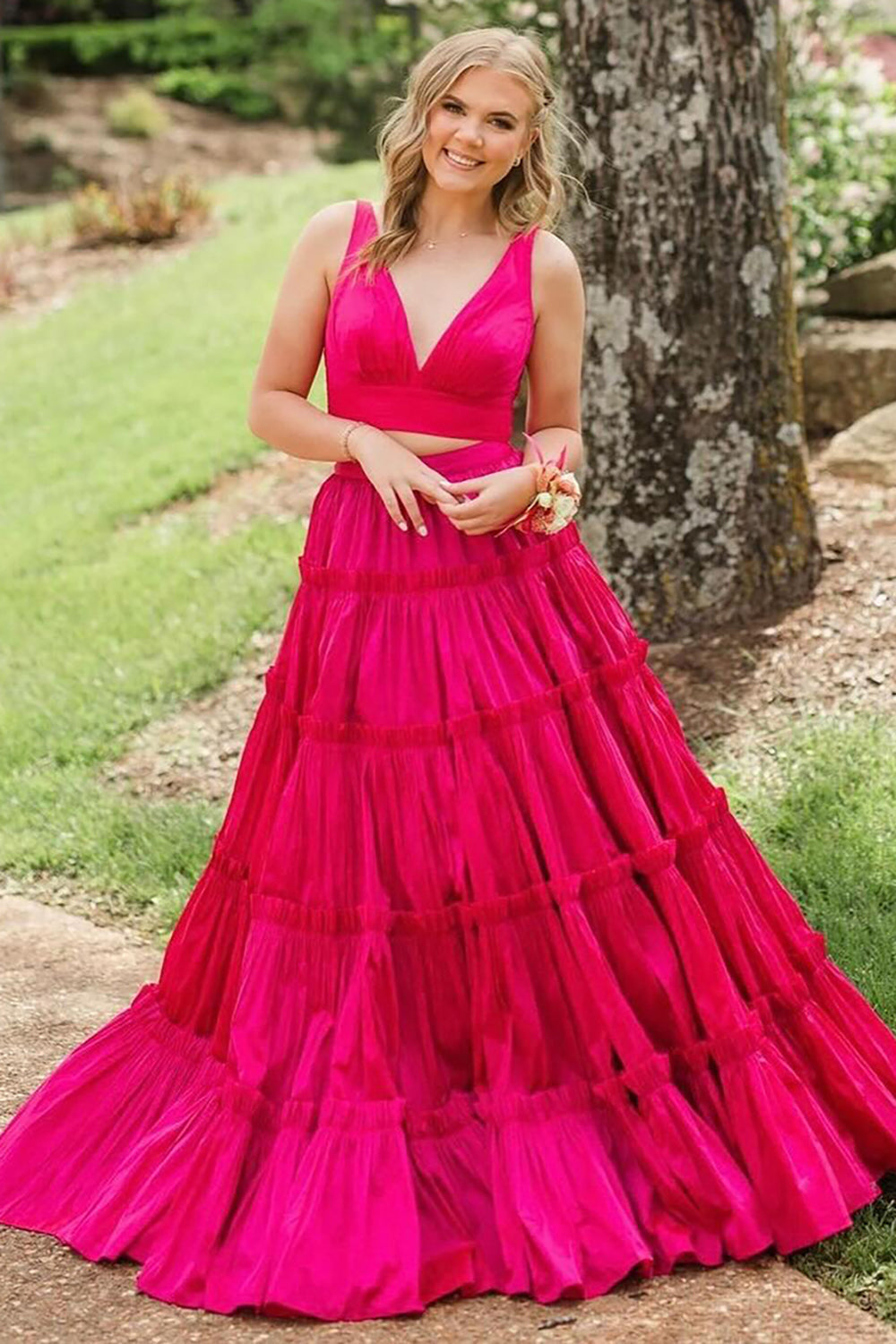 Dreamyannie Fuchsia Prom Dress V-Neck A-Line Long Evening Dress With Bow