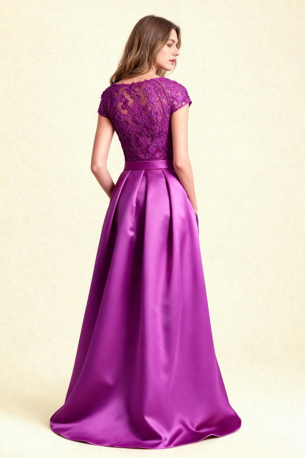 Dreamyannie Fuchsia Satin Bateau Neck Long Mother Of The Bride Dress With Belt