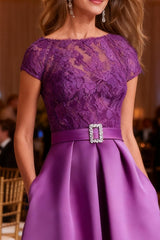 Dreamyannie Fuchsia Satin Bateau Neck Long Mother Of The Bride Dress With Belt