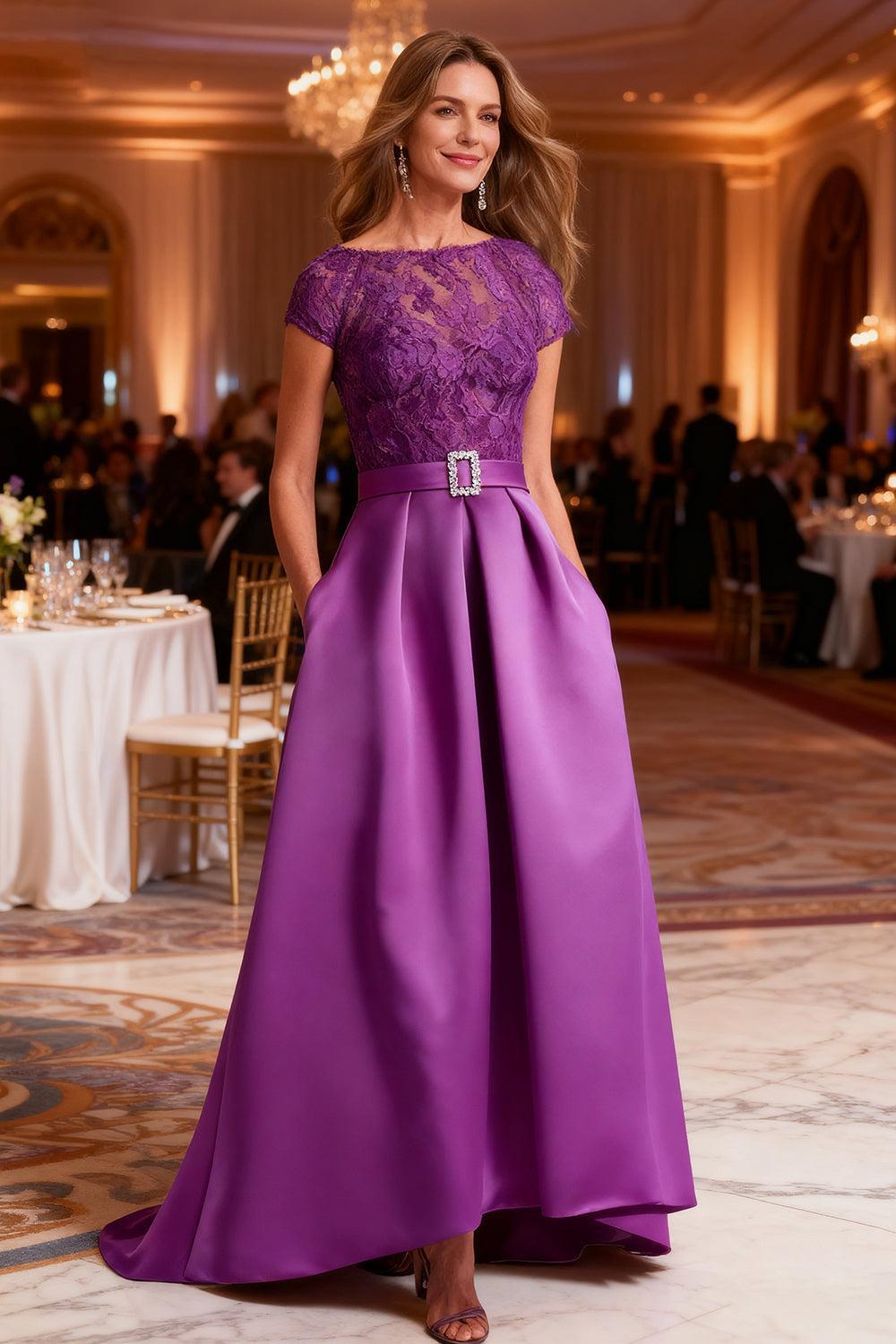 Dreamyannie Fuchsia Satin Bateau Neck Long Mother Of The Bride Dress With Belt