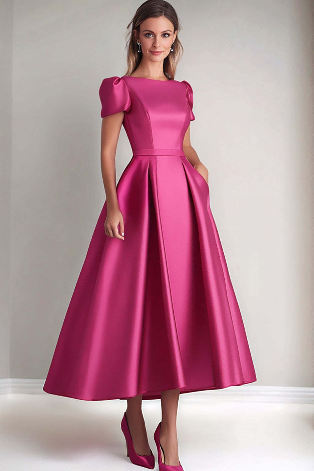 Dreamyannie Fuchsia Wedding Guest Dress A Line Satin Formal Dress With Puff Sleeves