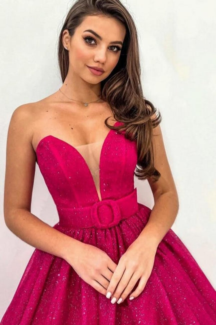 Dreamyannie Fuchsia Wedding Guest Dress A Line Sweetheart Strapless Sequined Evening Dress