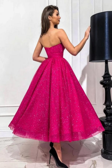 Dreamyannie Fuchsia Wedding Guest Dress A Line Sweetheart Strapless Sequined Evening Dress
