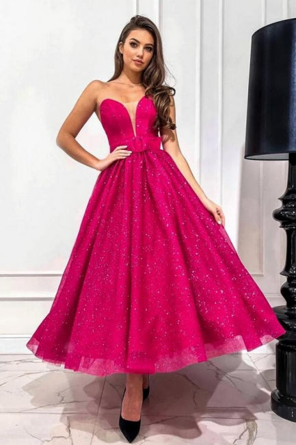 Dreamyannie Fuchsia Wedding Guest Dress A Line Sweetheart Strapless Sequined Evening Dress