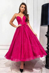Dreamyannie Fuchsia Wedding Guest Dress A Line Sweetheart Strapless Sequined Evening Dress