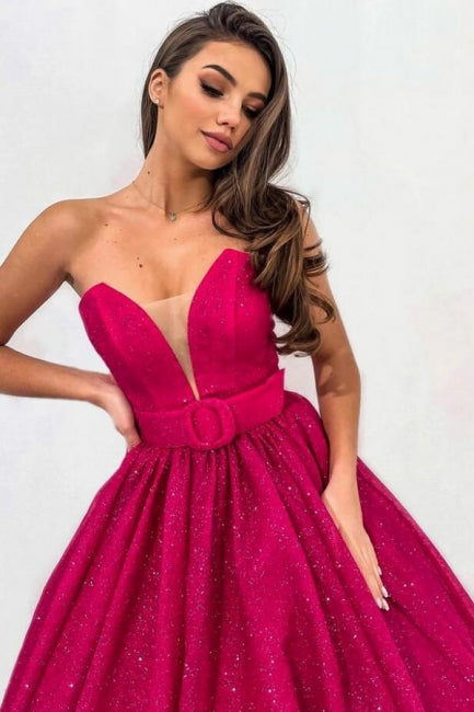 Dreamyannie Fuchsia Wedding Guest Dress A Line Sweetheart Strapless Sequined Evening Dress