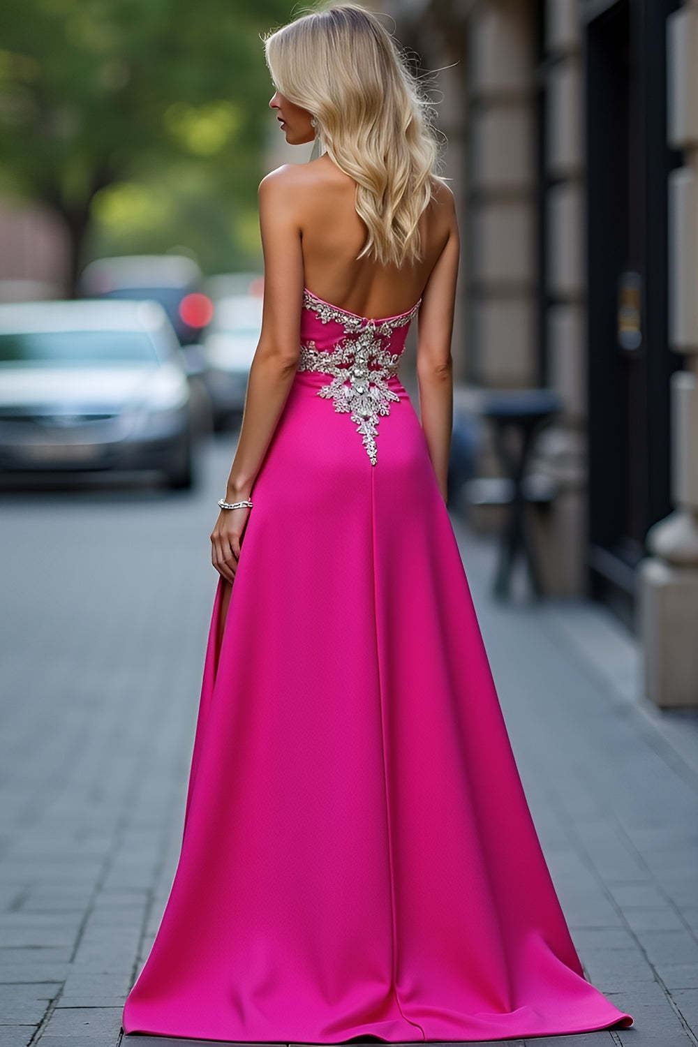 Dreamyannie Fuchsia Wedding Guest Dress Long Sheath Satin Appliqued Prom Dress With Slit