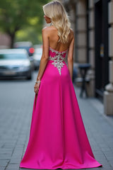 Dreamyannie Fuchsia Wedding Guest Dress Long Sheath Satin Appliqued Prom Dress With Slit
