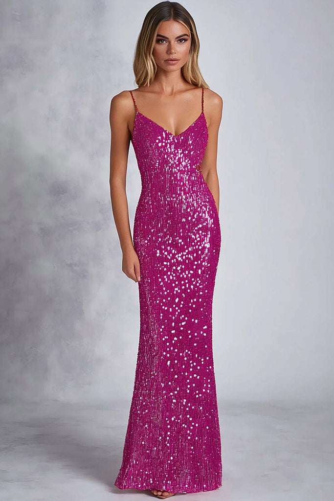 Dreamyannie UK Fuchsia Wedding Guest Dress Sheath Sequins Long Formal Dress