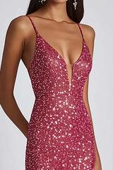 Dreamyannie Fuchsia Wedding Guest Dress Sheath Spaghetti Straps Long Formal Dress