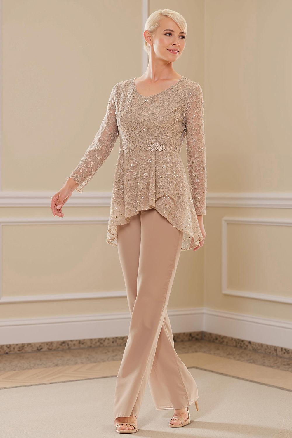 Dreamyannie Glitter Plum Sequin Scoop Neck 3 Piece Mother Of The Bride Pant Suits With Jacket